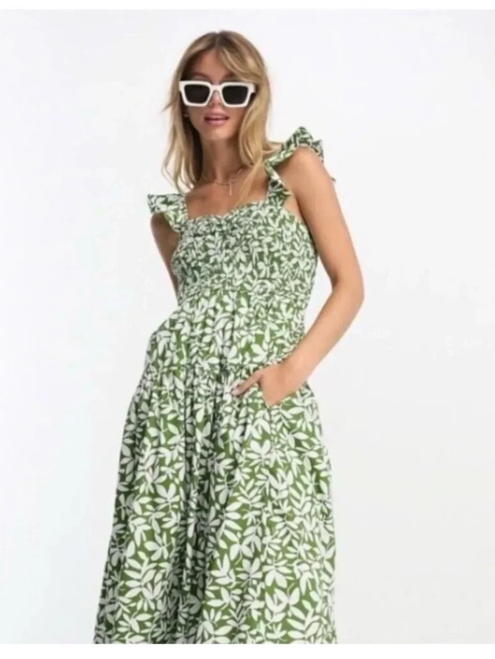 Abercrombie & Fitch Green and White Leaf-Print Maxi Dress